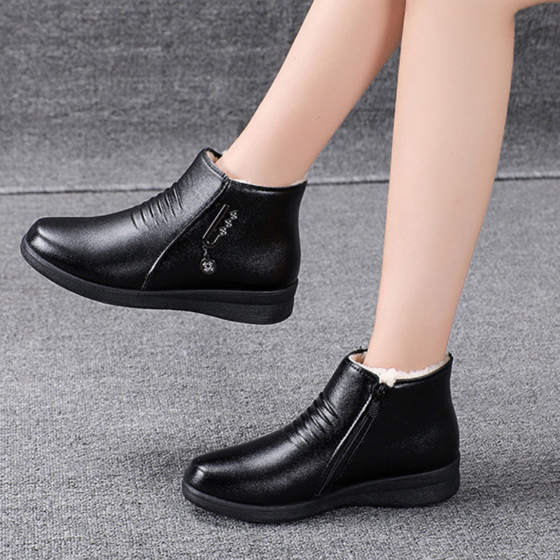 Bottines en cuir noir femme peluche confortable-Mia