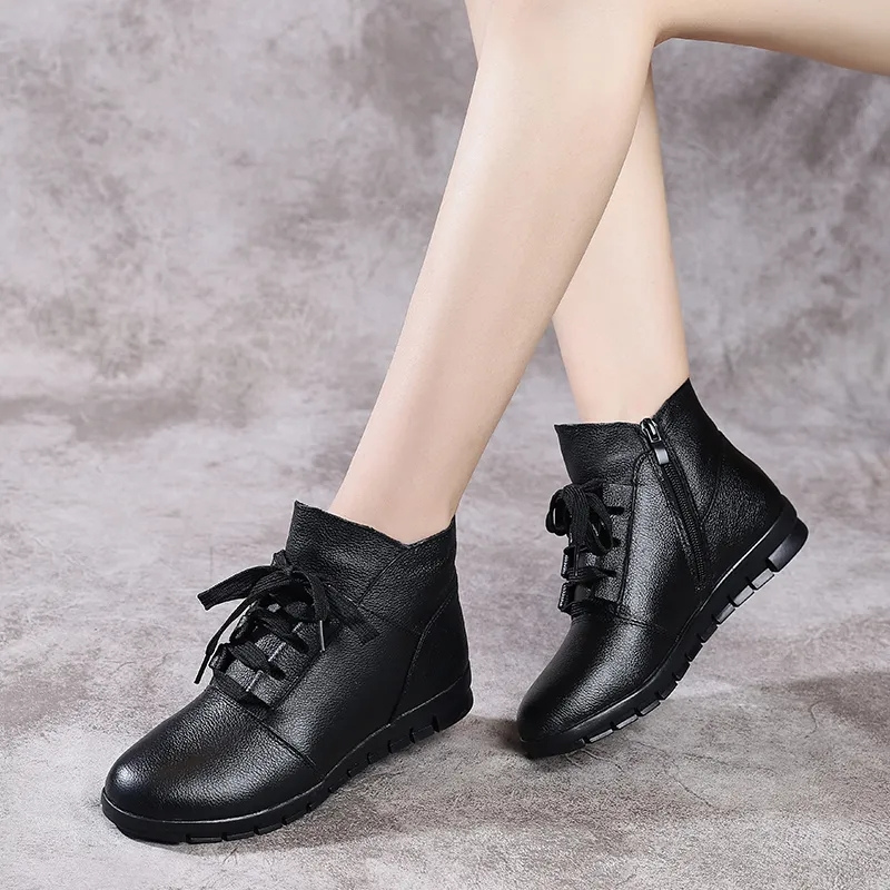 Bottines en cuir noir femme plates avec fermeture éclair classe-Marie