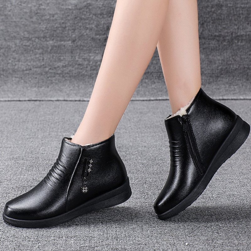 Bottines en cuir noir femme peluche confortable-Mia