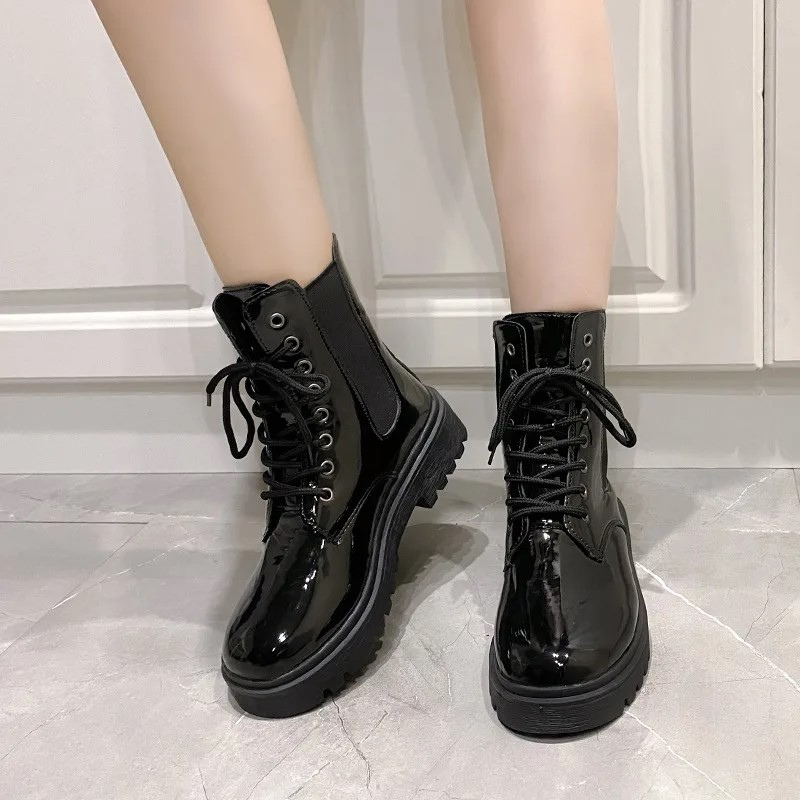 Bottines en cuir noir femme décontractées brillantes-Luna