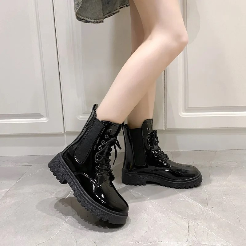 Bottines en cuir noir femme décontractées brillantes-Luna