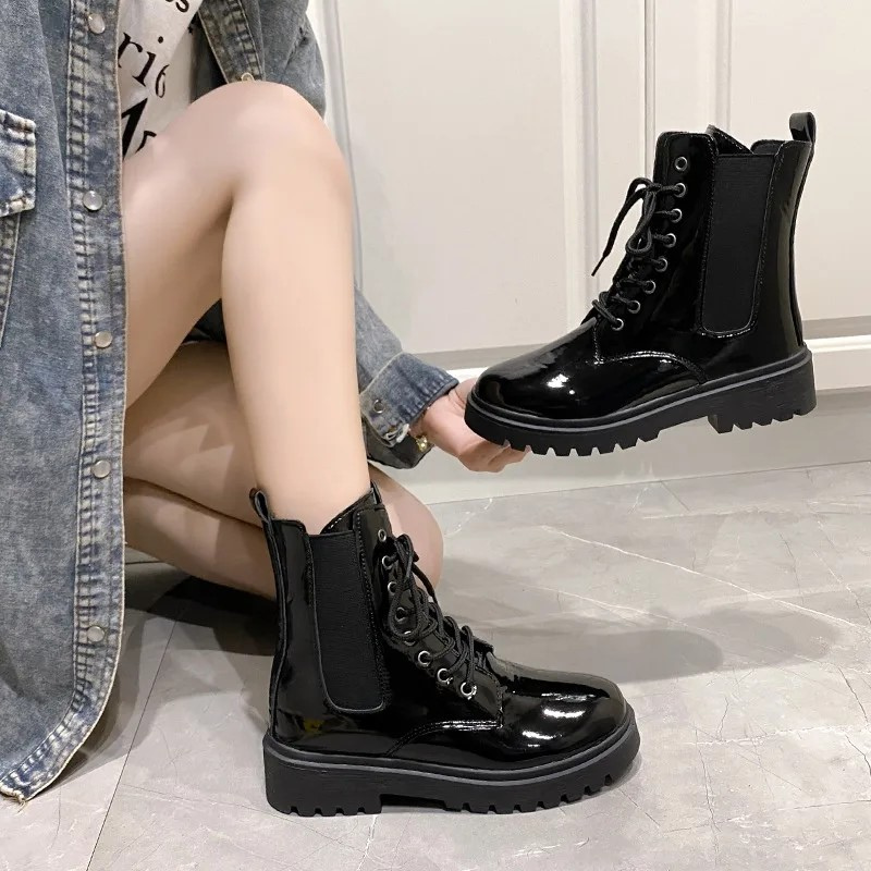 Bottines en cuir noir femme décontractées brillantes-Luna