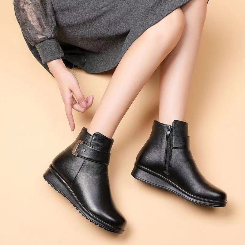 Bottines en cuir noir femme semelles plates, simples-Nina