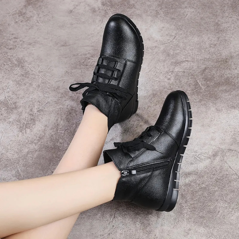 Bottines en cuir noir femme plates avec fermeture éclair classe-Marie
