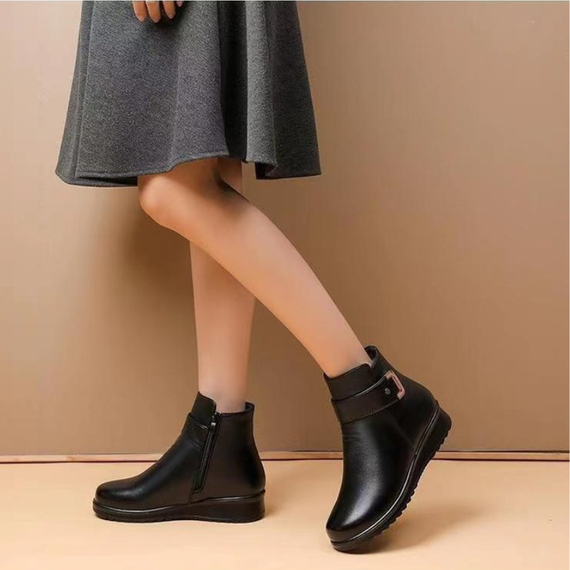 Bottines en cuir noir femme semelles plates, simples-Nina