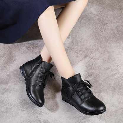 Bottines en cuir noir femme plates avec fermeture éclair classe-Marie