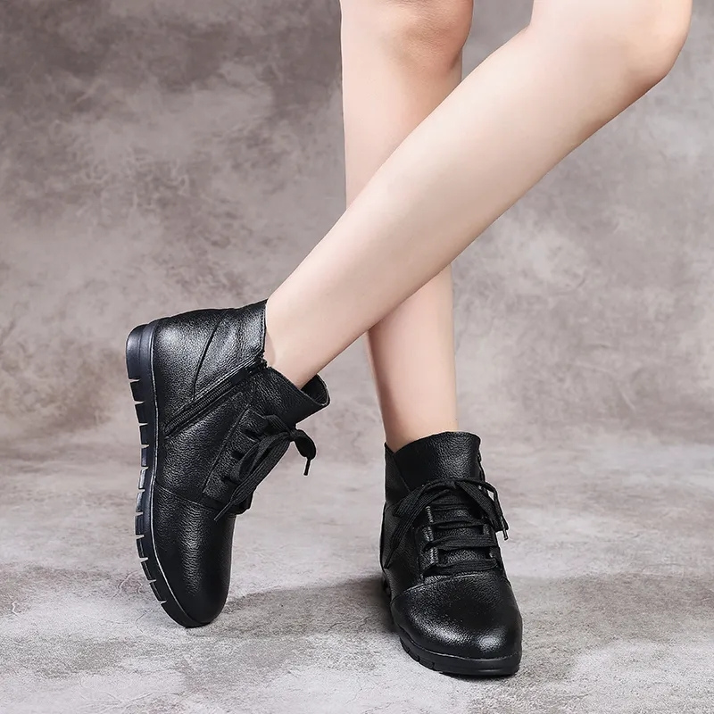 Bottines en cuir noir femme plates avec fermeture éclair classe-Marie