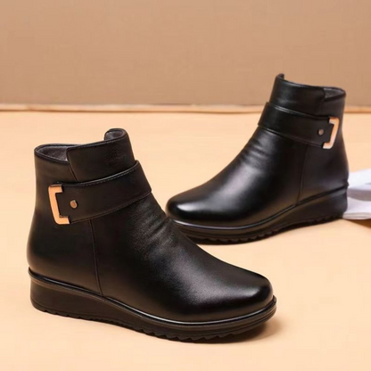 Bottines en cuir noir femme semelles plates, simples-Nina