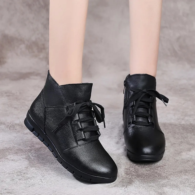 Bottines en cuir noir femme plates avec fermeture éclair classe-Marie