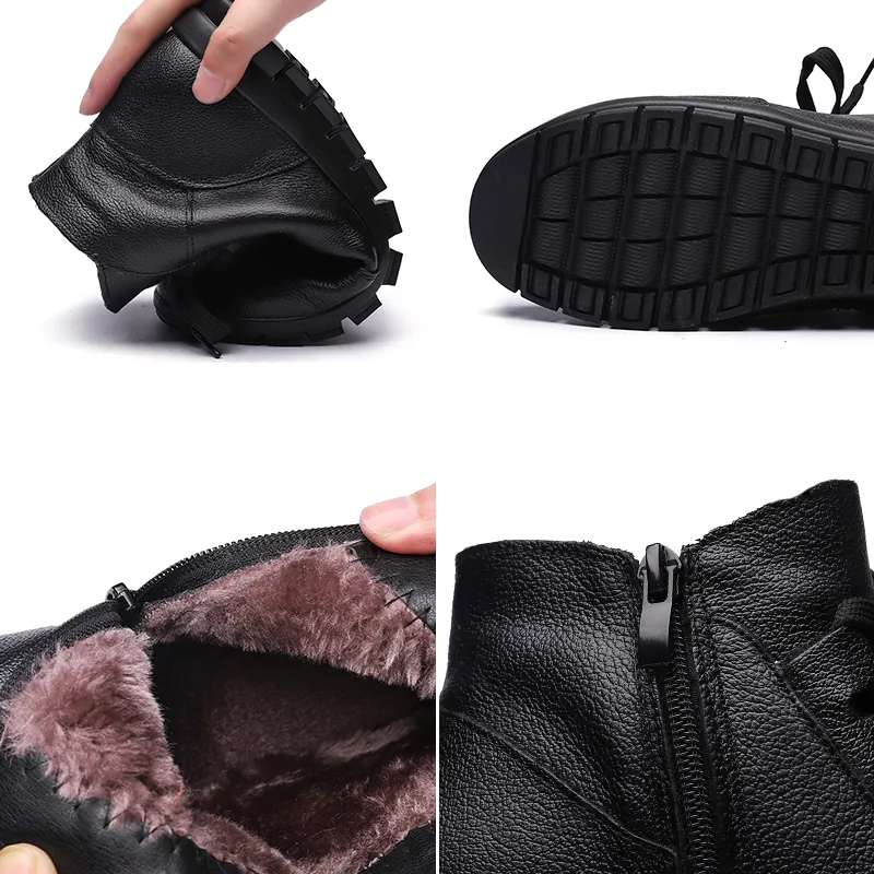 Bottines en cuir noir femme plates avec fermeture éclair classe-Marie